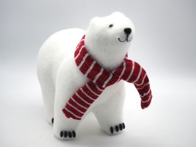 Orso polare floccato effetto ghiaccio con sciarpa h 40 cm