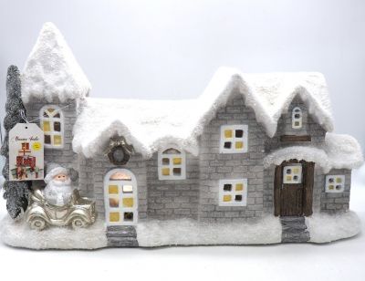 Casa innevata con luce e con musica di colore grigio casette natalizie H 31 x 54 x 13,5 cm