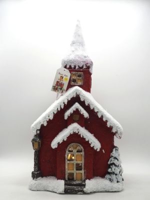 Casa innevata con luci e musica rossa casette natalizie H 54,5 x 30 x 19 cm 