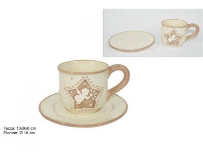 TAZZA CON PIATTINO CERAMICA CON DECORO NATALIZIO BEIGE