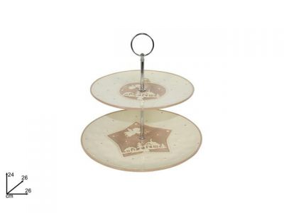ALZATINA 2 PIANI CERAMICA CON DECORO NATALIZIO BEIGE