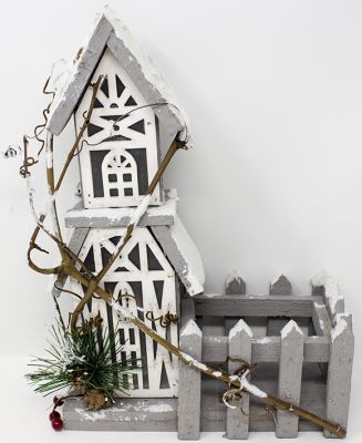 casetta di natale  grigia con steccato e tetto innevato 23x10x32 cm