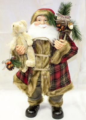 Babbo Natale pupazzi Cm.40 Scozzese Con Orso Pigna E Sacco Dono
