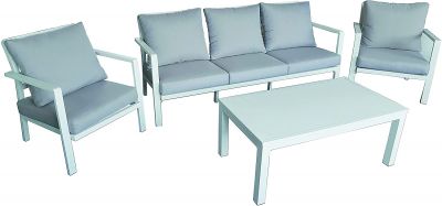 Set salotto in alluminio bianco resistente Flores arredo giardino con sedia panchina e tavolo da caffè da esterno