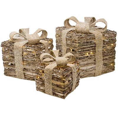 Set 3 decorazioni a forma di pacchi regalo in vimini con nastro colorati con luci a led per addobbi natalizi 