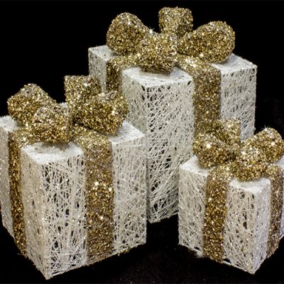 Set 3 cubi Pacchetti Regalo con Fiocco Luminosi in Vimini Decorazioni Natalizie
