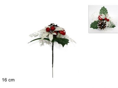 Spillone con pigne e bacche rosse e funghi addobbi per albero 16 cm