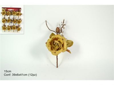 RAMETTO ORO CHIUDIPACCO CON ROSA 15cm