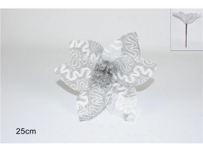 Stelo fiore bianco e argento natalizio 25 cm