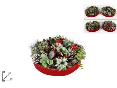 Centrotavola o soprammobile 30 cm natalizio rosso rotondo in legno con decorazioni di bacche e pigne