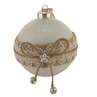 Sfera 8cm in vetro bianca lucido con juta merlettato e fiocco