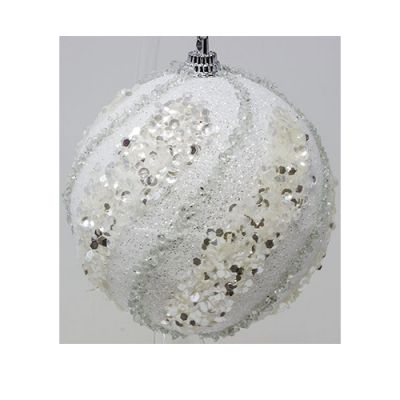 Set 5 sfere 10 cm bianco glitterate con perline ondulate verticali addobbi per albero