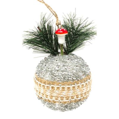 Set 4 sfere argento decorate con juta e fungo natalizio rosso