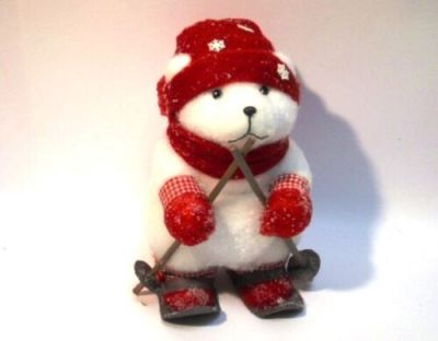 Orsetto orso natalizio bianco sciatore con guanti sciarpa cappello floccati 40cm