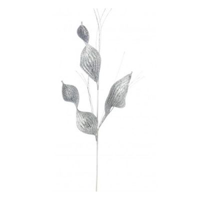 Ramo foglie natalizie decoro lisbeth argento glitterato 80 cm