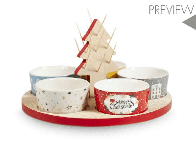 Set 5 Coppe Ceramica Natale con Vassoio in Legno