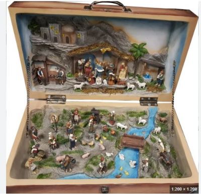 Presepe pronto su valigia con luce e cavo USB idea originale natalizia 60 cm