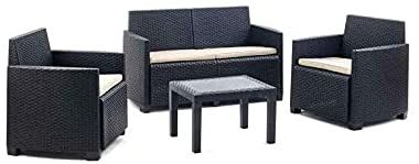 Set salotto da giardino Silvia in resina effetto rattan antracite 4 pezzi con divano poltrone e tavolino arredo esterno