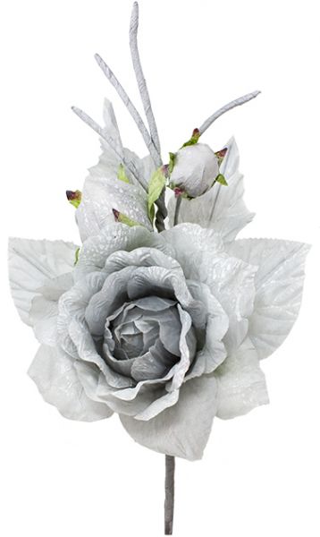 Rosa artificiale argento 25cm spillone decorazioni natalizie