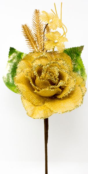 Rosa colore oro in juta con spighe e fiorellini dorato 35cm