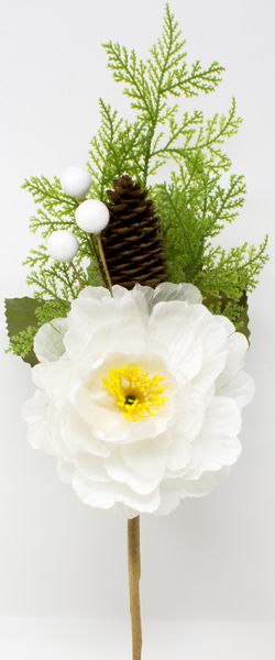 Peonia bianca artificiale con sfumature gialle pigna e bacche 50 cm