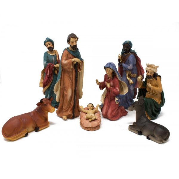 Set 8 pezzi natività completa sacra famiglia in resina 19 cm per presepe