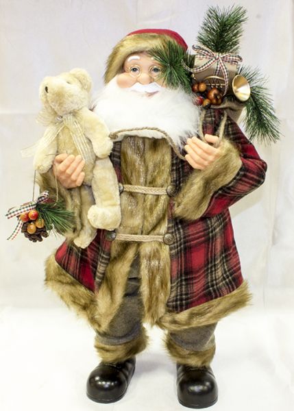 Babbo Natale pupazzi Cm.60 Scozzese Con Orso Pigna E Sacco Dono