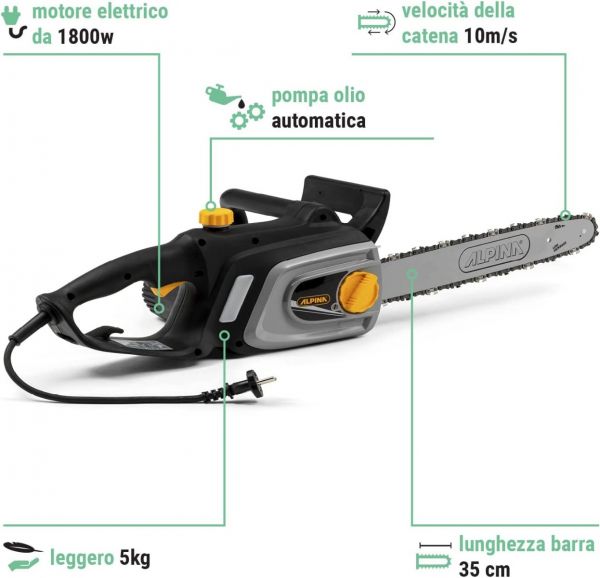 Alpina Motosega elettrica ACS 180 E (14) Barra di taglio 35 cm 1800 W pratica e leggera 