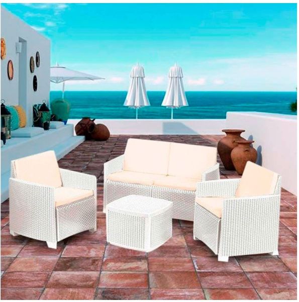 Set salotto da giardino Etna in rattan bianco composto da 4 pezzi arredamento esterno divano poltrone e tavolino