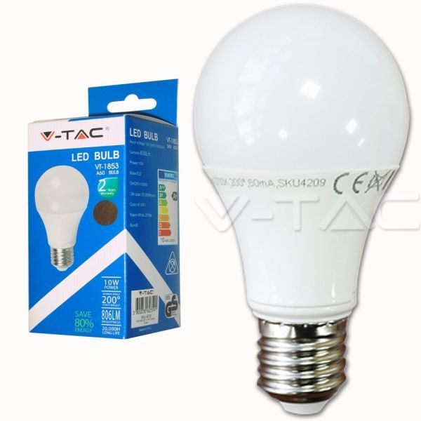 V-TAC Lampadina LED 10W 806Lm Base E27 - Luce Calda 2700K [Classe di efficienza energetica A+]