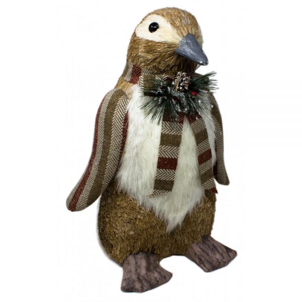 Pupazzo grande in paglia Pinguino con fiocco decorato con pigne e bacche  50 cm 