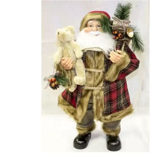 Babbo Natale pupazzi Cm.60 Scozzese Con Orso Pigna E Sacco Dono