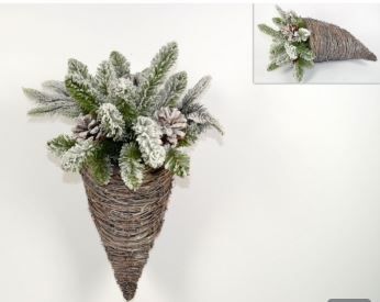 Cornucopia innevata con pigne e rami vaso a forma di corno  di natale