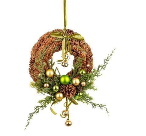 Corona tonda verde per decorazione natalizia con campanello verde