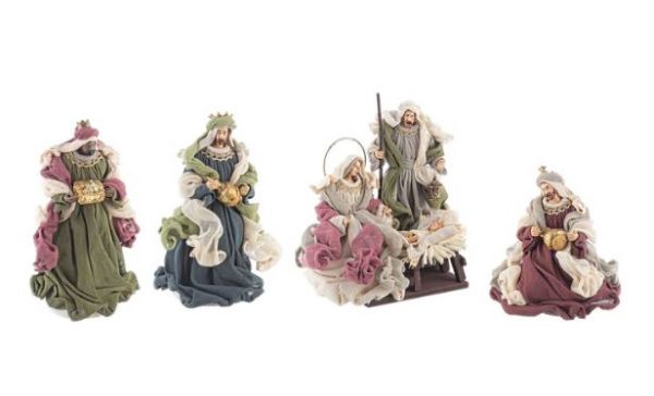Natività Sacra Famiglia completa con statue per presepe vestiti in tessuto colorato h 28 cm