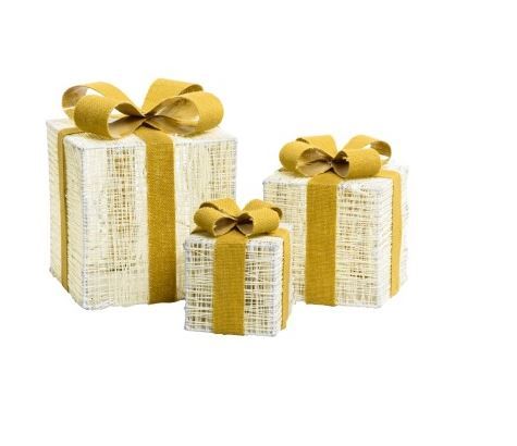 Set 3 pacchi regalo per decorazioni natalizie con luci e fiocco colore oro H25 120led
