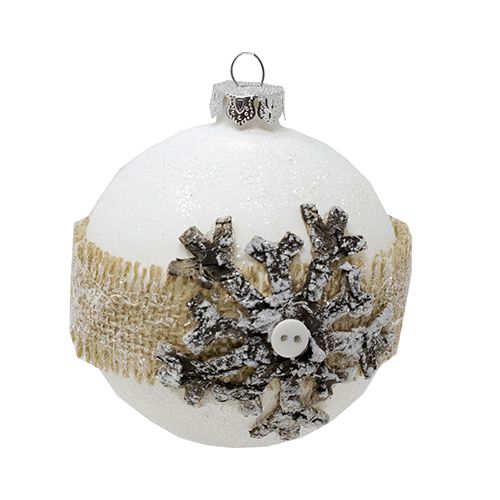 sfera bianca in vetro con fascia in juta e fiocco di neve 8 cm