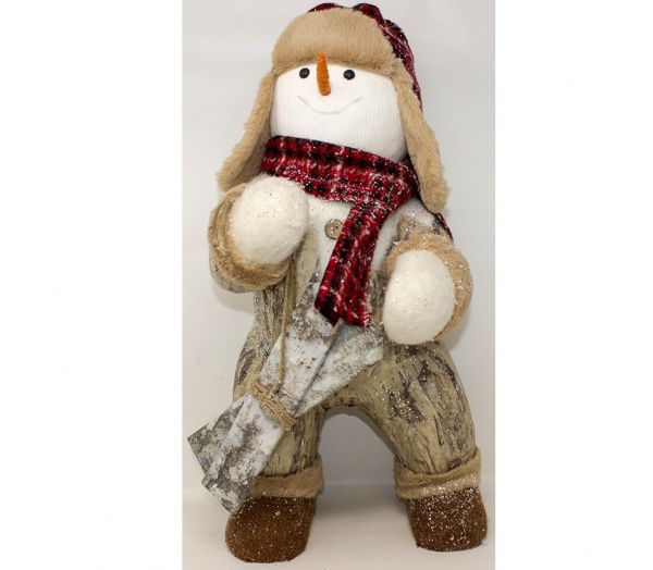 pupazzo di neve di legno con berretto e sci 45 cm