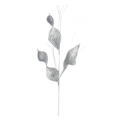 Ramo foglie natalizie decoro lisbeth argento glitterato 80 cm