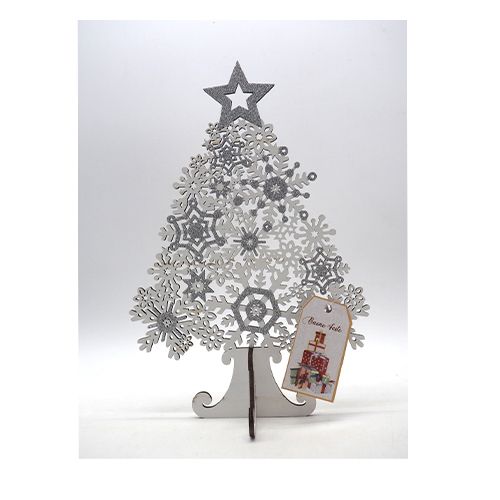 Albero in legno h31cm neve stella con effetto ghiaccio glitter argento