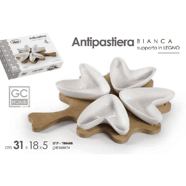 Antipastiera 4 pezzi ciotola in ceramica con base in legno 